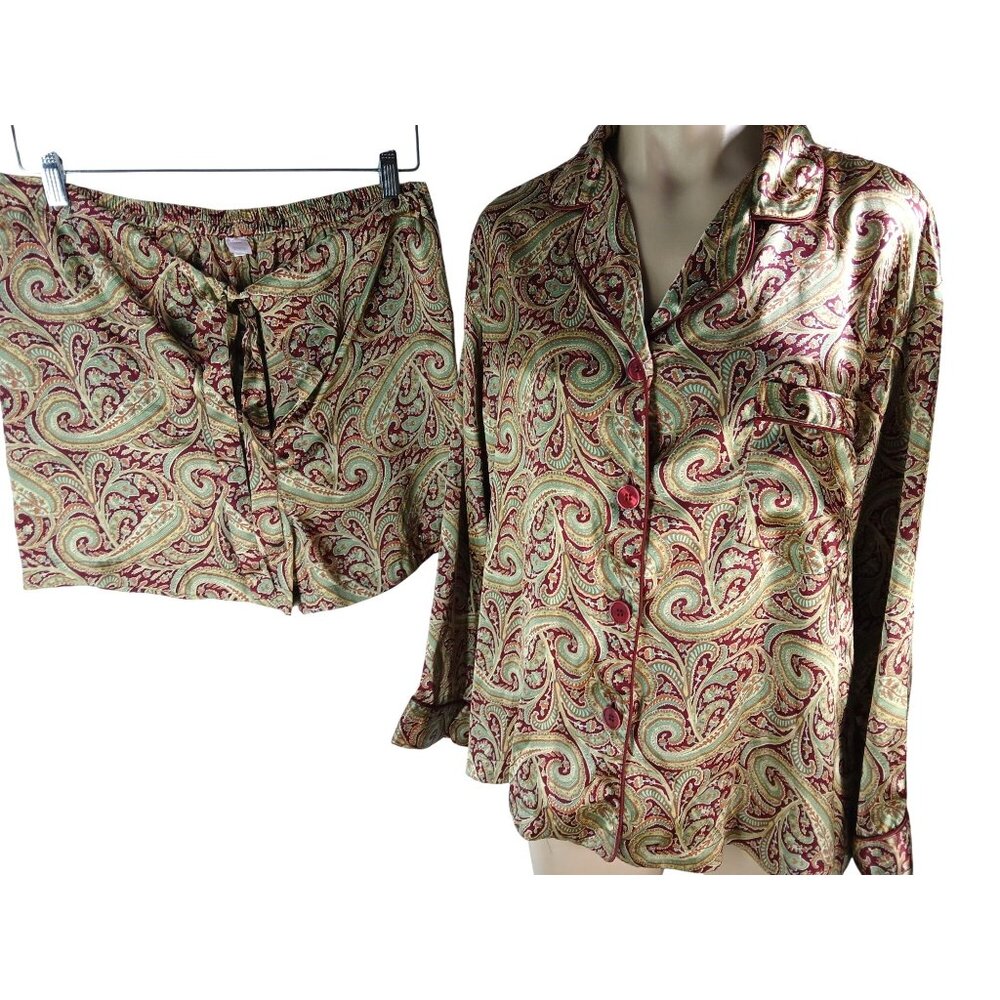 Victorias Secret Gold Burgundy 2 Pc Pajama Set L XL Menswear Button Top Shorts - Picture 3 of 15